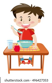 Boy eating from bowl on the table illustration