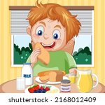 A boy eating breakfast at the table illustration