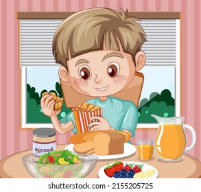 A boy eating breakfast at the table illustration