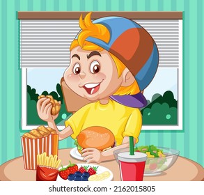 A boy eating breakfast at the table illustration