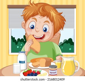 Un niño desayunando en la ilustración de la mesa