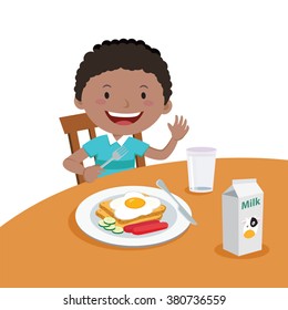 Boy eating breakfast. Vector illustration of a cute boy eating breakfast.