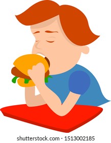 Boy eating cheeseburger, illustration, vector on white background.