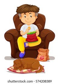 Boy Eating Chips On Sofa Illustration