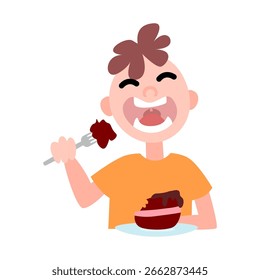 Niño comiendo pastel de chocolate Ilustración vectorial