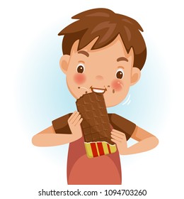 Boy eating chocolate. Emotional mood on the child's face feels good. Delicious and very happy. chocolate on the cheeks. Cute cartoon in red shirt. Vector illustrations isolated on white background. 