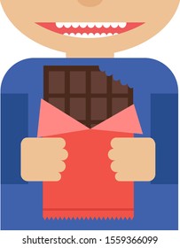 Boy eating chocolate, illustration, vector on white background.