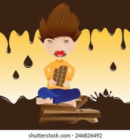 boy is eating chocolate surrounded by chocolate sauce