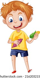 A boy eating corn and taro illustration