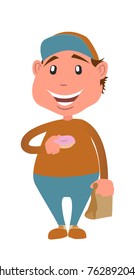 The boy is eating donuts. Vector illustration, a flat style design.
