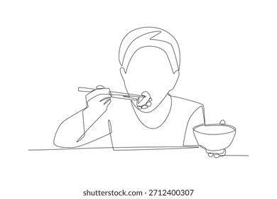Boy eating dumplings. Eating dumplings concept one-line drawing