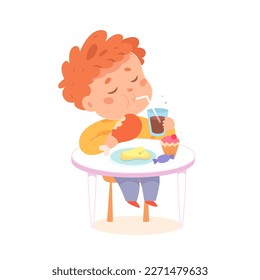 Boy eating in fast food cafe vector illustration. Cartoon isolated hungry kid sitting at table of fastfood restaurant or cafeteria, guy holding crispy chicken leg to bite and eat, unhealthy lifestyle