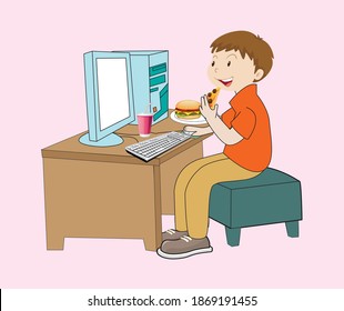 Boy eating fast food and pizza while using computer