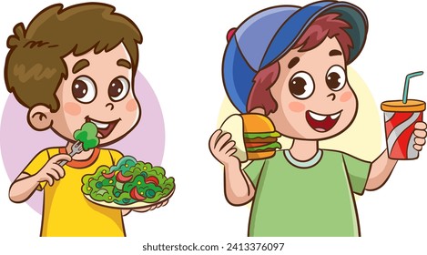 Niño comiendo comida rápida y ensalada para niños