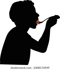 a boy eating food, silhouette vector