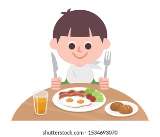 Boy Eating Fried Egg Bread Breakfast Stock Vector (Royalty Free) 1534693070