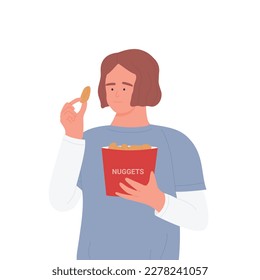 Boy eating fried nuggets. Fast food consumer, junk food hamburger vector illustration