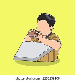 Boy Eating Hamburger on desk Illustration