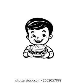 Garoto Comendo Hambúrguer Vetor - Divertido Comida Ilustração para Crianças, Snacks, e Fast Food Temas Criança com Burger Vetor - Garoto Desfrutando de um Hambúrguer para Menu e Branding Design	