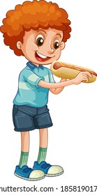 Boy eating his hot dog illustration