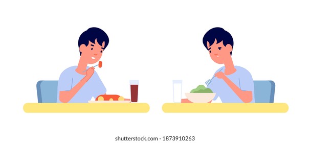 Boy Eating. Home Breakfast, Healthy Vs Unhealthy Food. Toddler At Table, Vitamine Or Fast Food Lunch. Hungry Child Utter Vector Characters