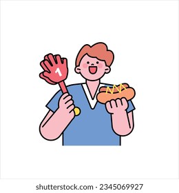 A boy is eating a hot dog with a cheerleader in his hand. Supporters cheering for a sports team. outline simple vector illustration.