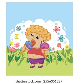 Boy eating ice cream cones in a flowery meadow