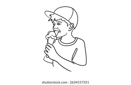 Menino comendo sorvete desenho de linha contíguo. Resumo dos feriados de verão. Ilustração vetorial