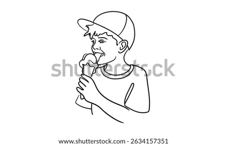 Boy eating ice cream continious line drawing. Summer holidays outline. Vector illustration