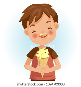 Boy eating ice cream. Emotional mood on the child's face feels good. Delicious and very happy. Licking the ice cream on the cheeks. Cute Cartoon In red shirt. Vector illustrations isolated on white. 