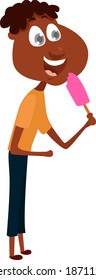 Boy eating ice cream, illustration, vector on white background.