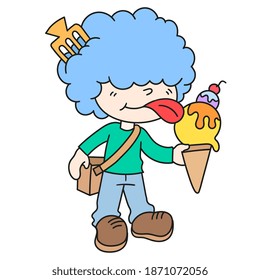 boy eating ice cream standing up doodle kawaii. doodle icon image. cartoon caharacter cute doodle draw