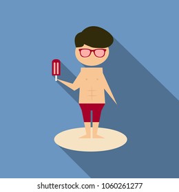 Boy eating ice cream. Vector cartoon picture. Isolated on background.