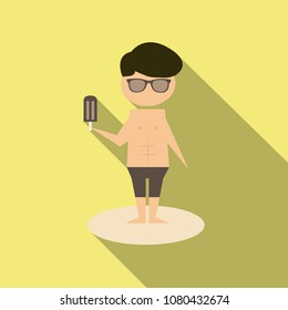 Boy eating ice cream. Vector cartoon picture. Isolated on background.
