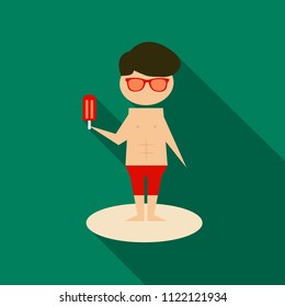 Boy eating ice cream. Vector cartoon picture. Isolated on background.