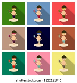Boy eating ice cream. Vector cartoon picture. Isolated on background.
