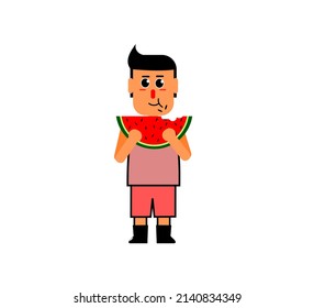 Boy eating juicy watermelon. Boy character enjoying summer fruit. Summer fruit sale concept. 