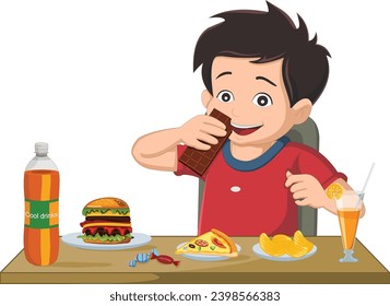 Boy eating junk food such as burger, pizza, cold drink vector illustration