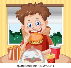A boy eating junk food at the table illustration