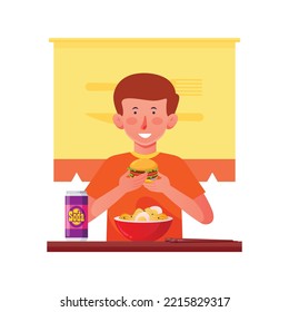 Boy Eating Junkfood Illustration, Eating Burger