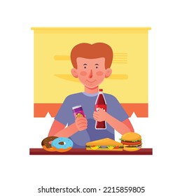 Boy Eating Junkfood Illustration, Drinking Soda