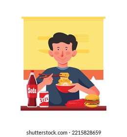 Boy Eating Junkfood Illustration, Eating Noodles