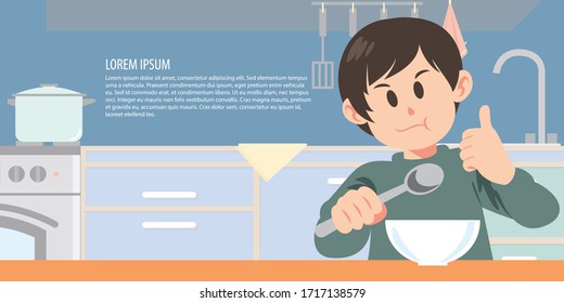 boy eating in the kitchen with space to add text. Stay Safe At Home to Stop COVID-19 outbreak.
