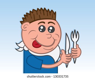 Boy eating with knife and fork