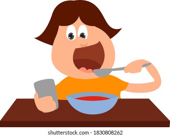Boy eating lunch, illustration, vector on white background