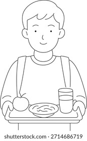 Niño que come la comida en la ilustración del arte de la línea de la tabla Arte vectorial simple de la nutrición del niño blanco y negro