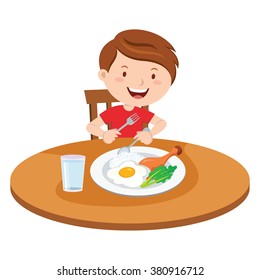 Boy Eating Meal. Vector Illustration Of A Little Boy Eating Lunch.