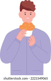 Boy eating muffin. Young man with sweet bakery isolated on white background