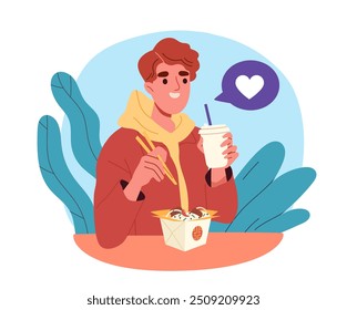 Boy eating noodles. Young guy sits with drink and cardboard box with traditional korean food. Visitor in cafe or catering service. Student with takeaway eating. Flat vector illustration