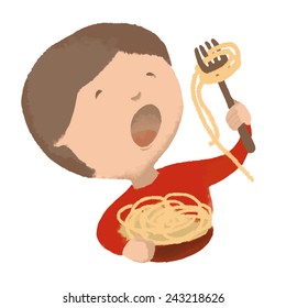 Boy eating pasta. Vector. May be used not only on white background.